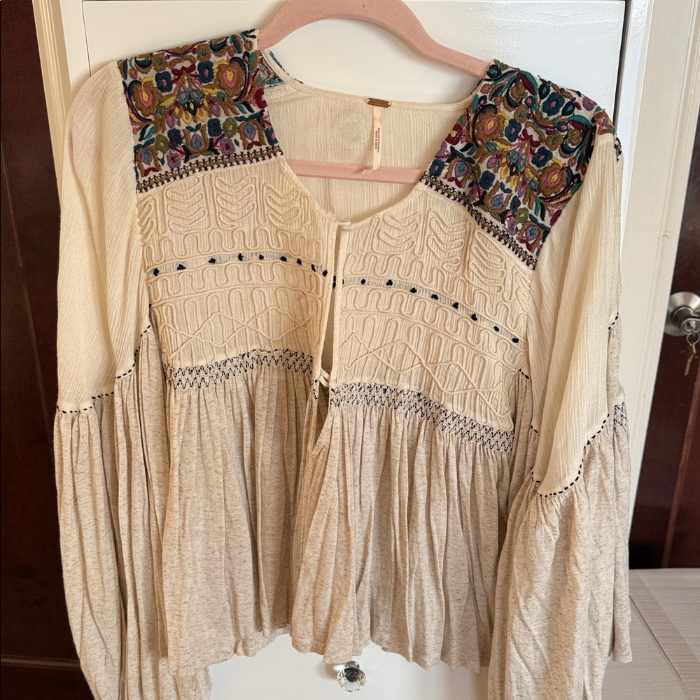 Free People Beige Boho Embroidered Blouse
